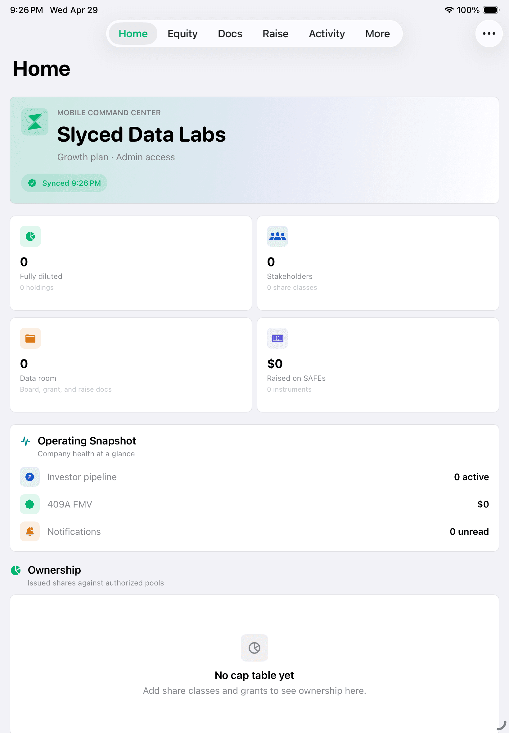 Slyced Data iPad app showing the Home dashboard with equity, documents, fundraising, activity, and more tabs.