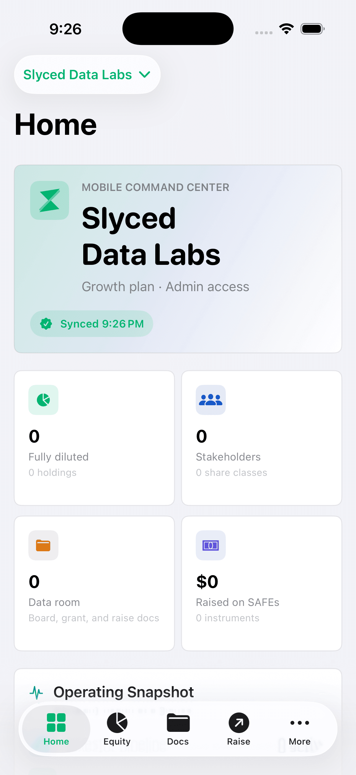 Slyced Data iPhone app showing the authenticated company dashboard.